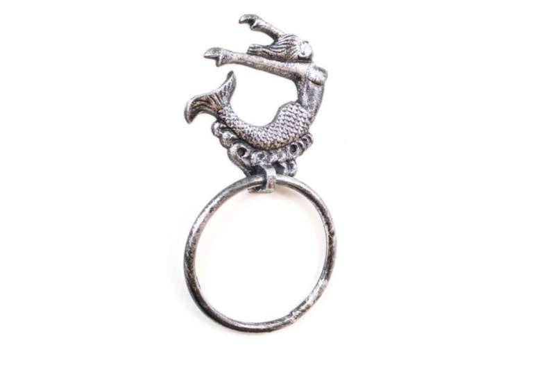 Rustic Silver Cast Iron Arching Mermaid Towel Holder 9"