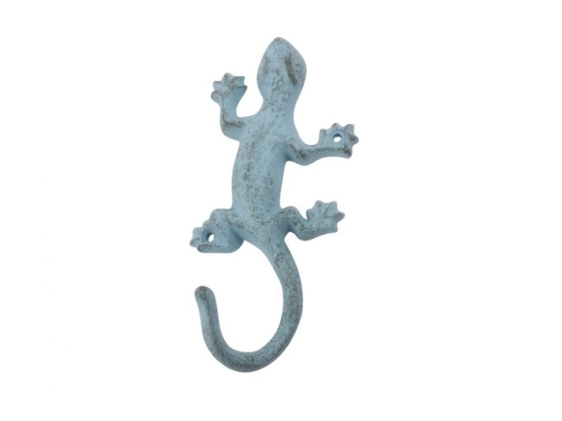 Rustic Light Blue Cast Iron Lizard Hook 6"