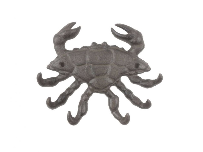 Cast Iron Decorative Crab With Six Metal Wall Hooks 7"