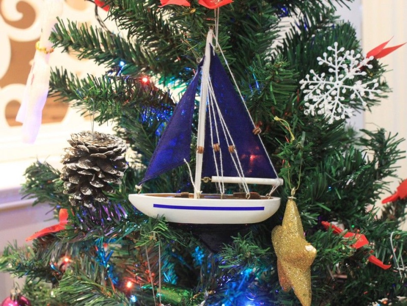 Wooden Blue Sailboat With Blue Sails Christmas Tree Ornament 9"