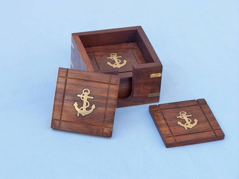 Wooden Anchor Coasters With Rosewood Holder - Set of 6