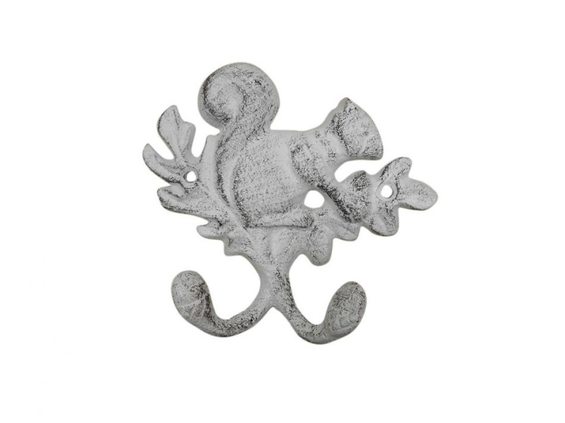 Whitewashed Cast Iron Squirrel With Acorn Decorative Double Metal Wall Hooks 8"