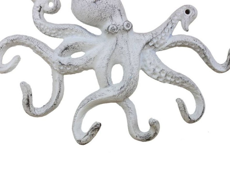 Rustic Whitewashed Cast Iron Octopus Hook, 11-Inch