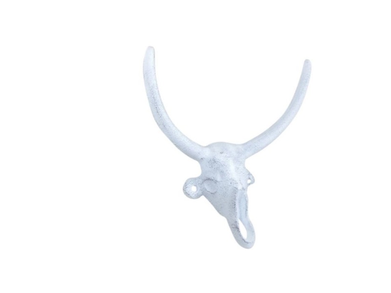 Whitewashed Cast Iron Bull Head Skull Decorative Metal Wall Hooks 6"