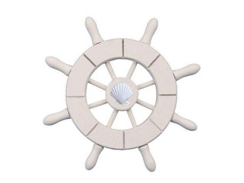 White Decorative Ship Wheel With Seashell 6"