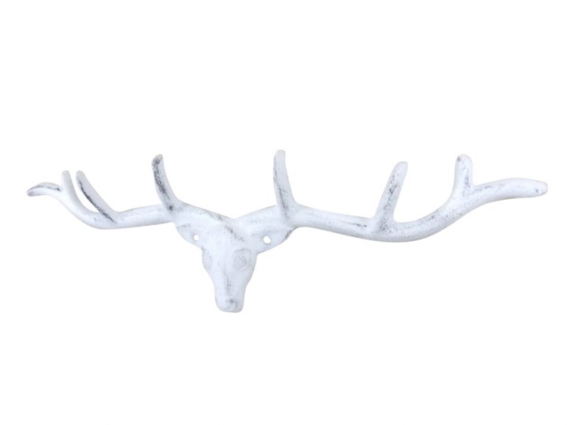 Whitewashed Cast Iron Large Deer Head Antlers Wall Hook 15"