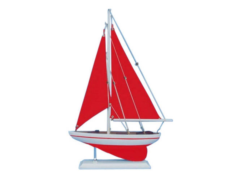 Wooden Red Pacific Sailer With Red Sails Model Sailboat Decoration 17"