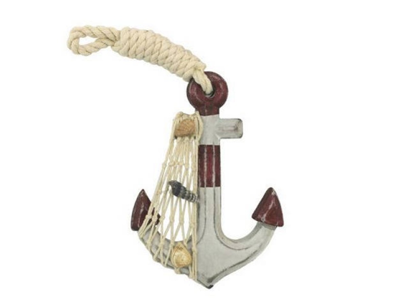 Wooden Rustic Decorative Red and White Anchor, 6"