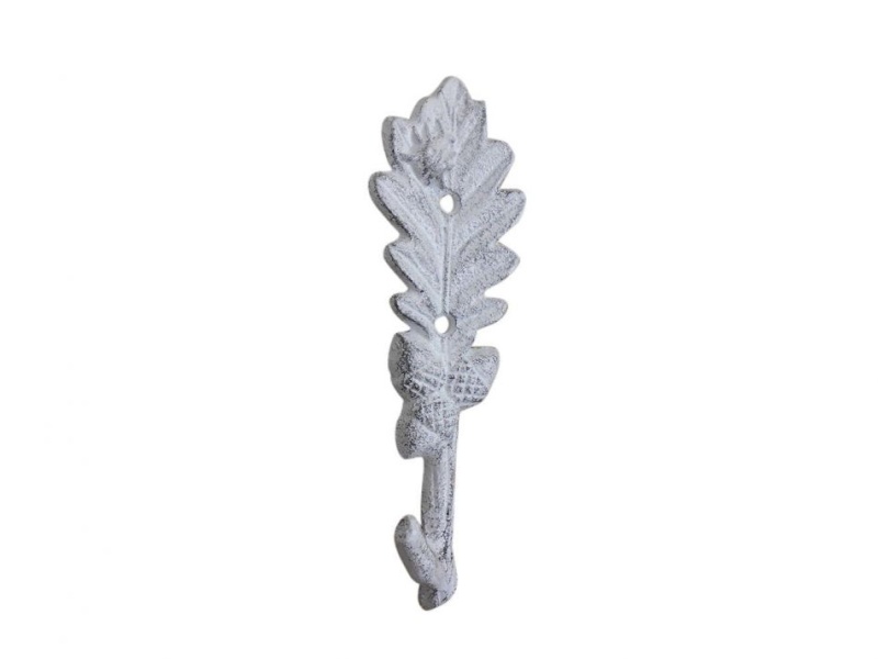 Whitewashed Cast Iron Oak Leaf Hook