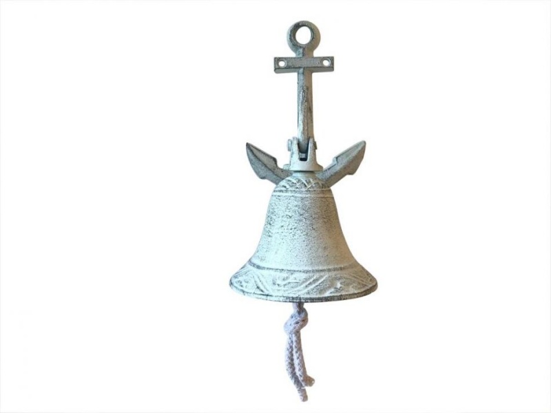 Whitewashed Cast Iron Wall Hanging Anchor Bell 8"