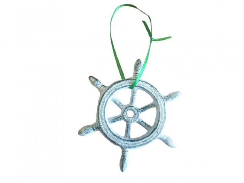 Dark Blue Whitewashed Cast Iron Ship Wheel Decorative Christmas Ornament 4"