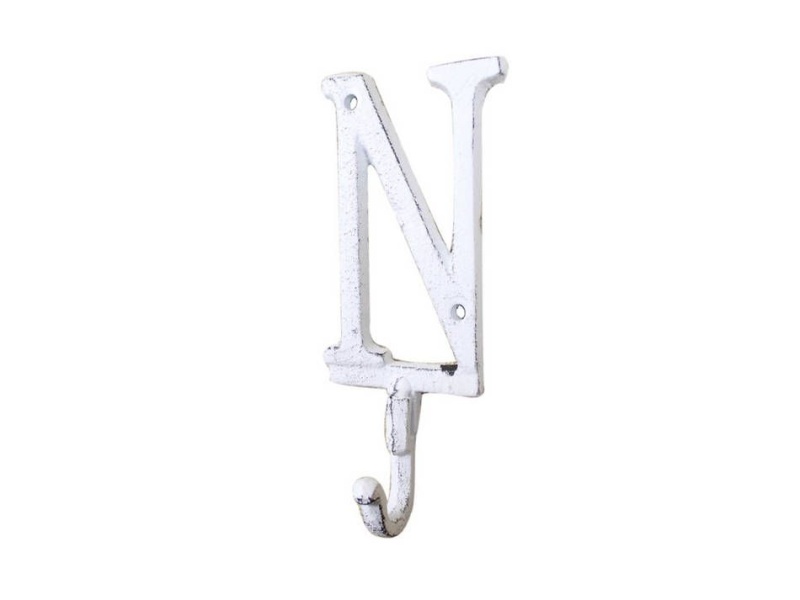 Whitewashed Cast Iron Letter N Alphabet Wall Hook 6"