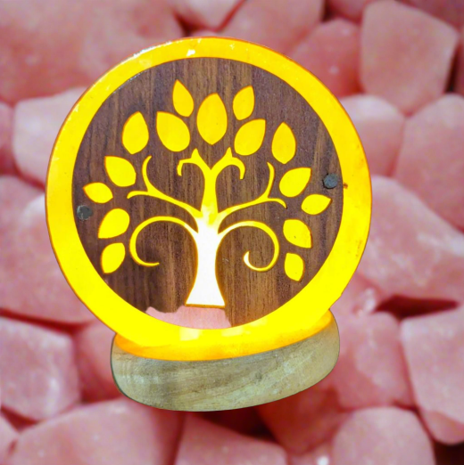 Himalayan Pink Salt Lamp (4 Inches Tall & Wide) with Wooden Flower of Life Inlay