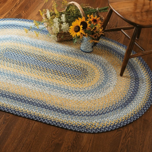 Sunflowers Blue - Gold Cotton Braided Rectangular Rug