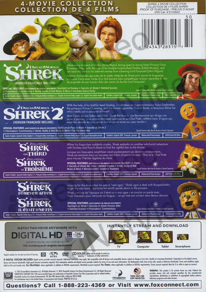 Shrek 4-Movie Collection (Anniversary Edition) (Dvd / Digital Hd) (Bilingual) (Boxset)