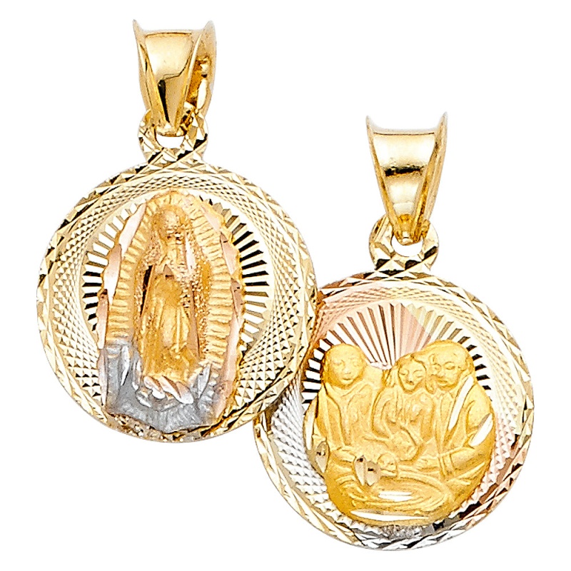 14K Gold Diamond Cut Double Side Stamp Virgin Mary Baptism Religious Pendant