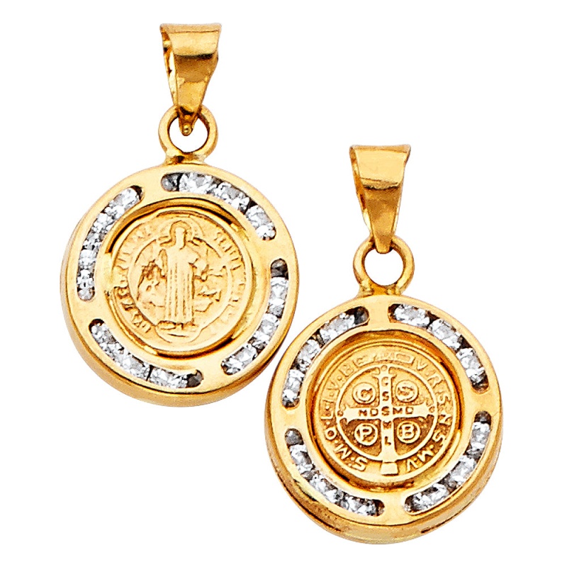 14K Gold Double Sided Round Religious Pendant