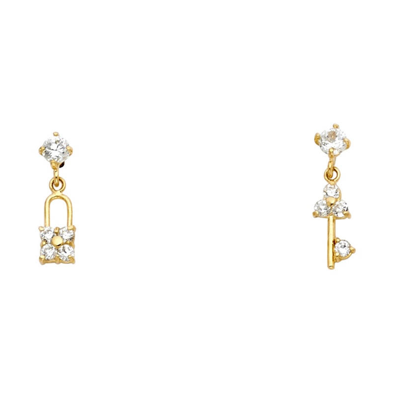 14K Gold Cz Lock & Key Symbol Stud Earrings
