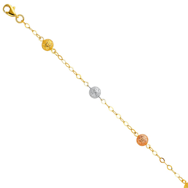 14K Gold Light Chain Bracelet With Snow Bead Ball - 7'