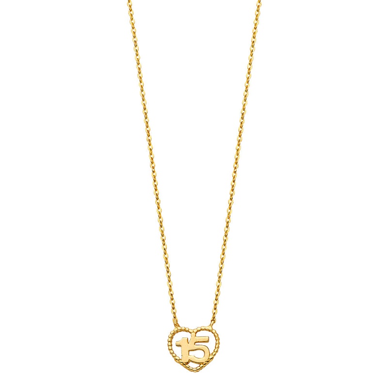 14K Gold Quinceanera Heart Pendant Chain Necklace - 17+1'