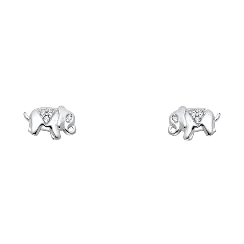 14K Gold Cz Stone Cute Elephant Stud Earrings