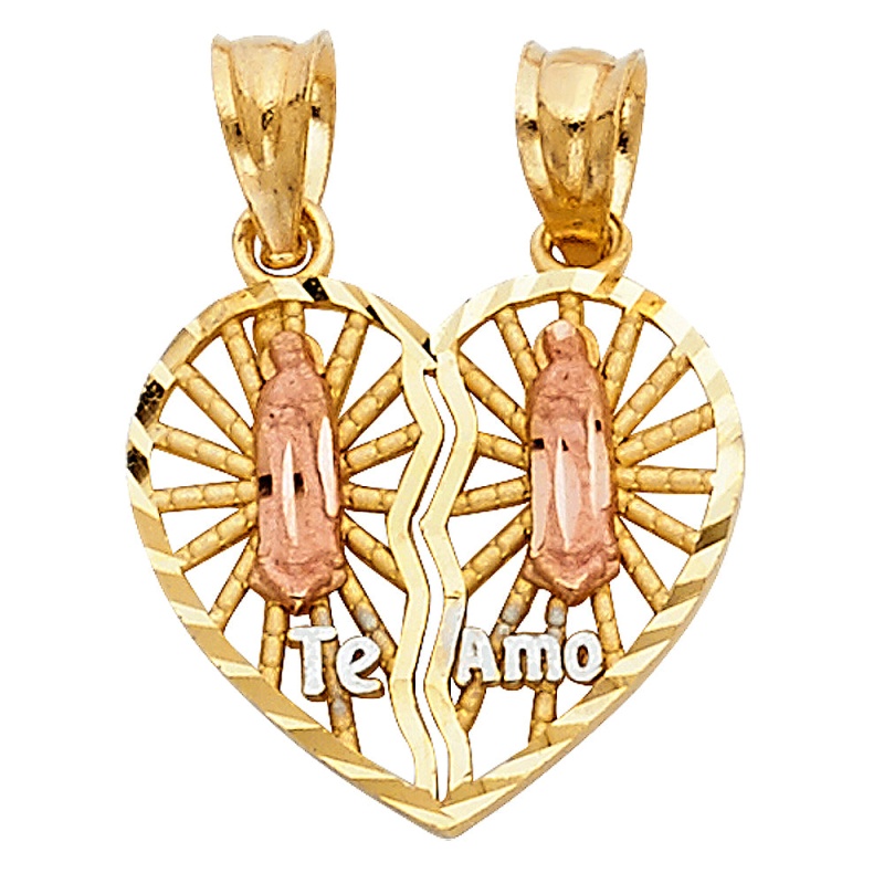 14K Gold Religious Guadalupe Broken Heart Te Amo Charm Pendant