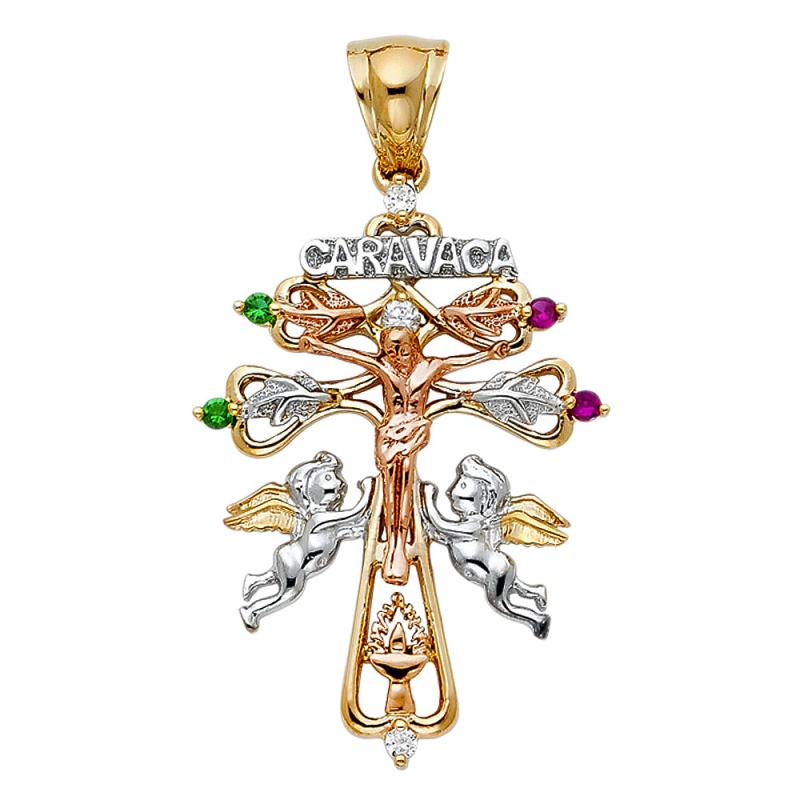 14K Gold Cz Religious Cross Of Caravaca Charm Pendant