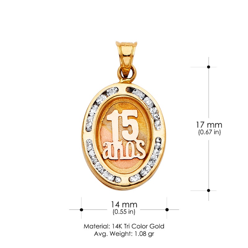 14K Gold Cz 15 Years Quinceanera Charm Pendant