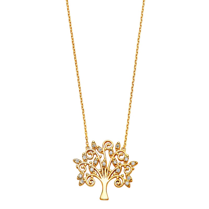 14K Gold Magic Family Tree Cz Pendant Charm Chain Necklace - 17+1'