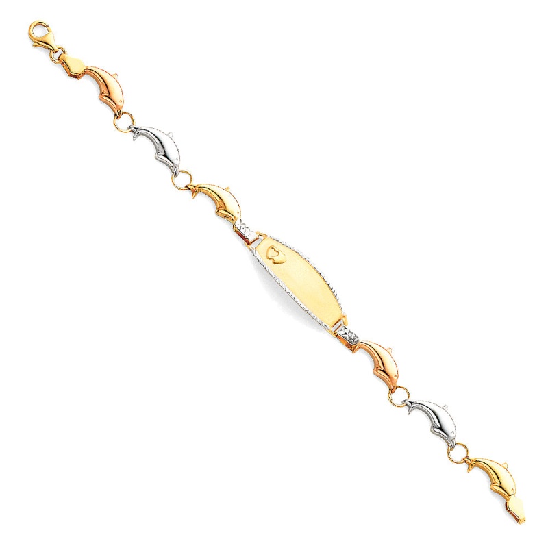 14K Gold Light Stampato Engravable Id Dolphins Bracelet - 6'