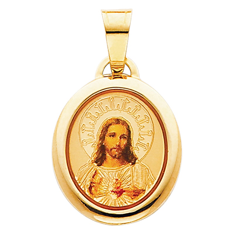 14K Gold Jesus Heart Enamel Religious Pendant