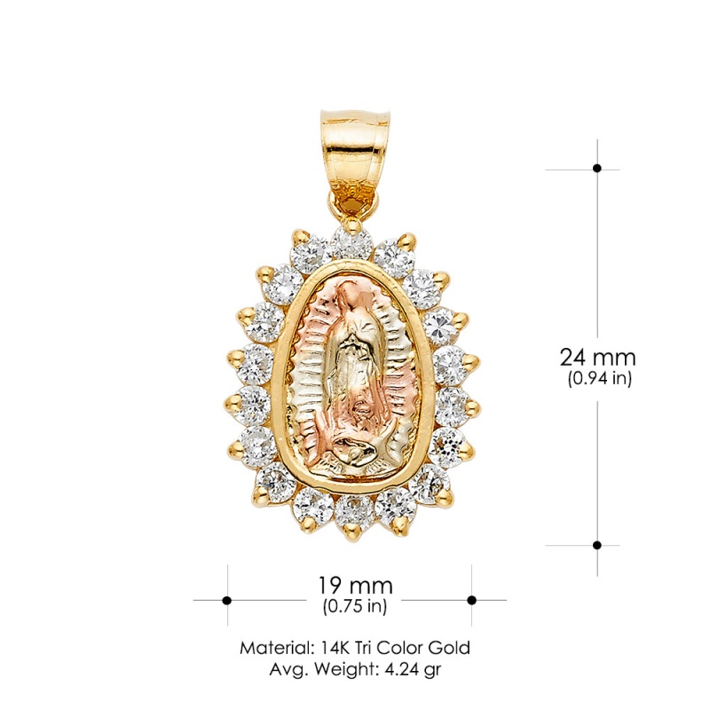 14K Gold Cz Religious Guadalupe Charm Pendant