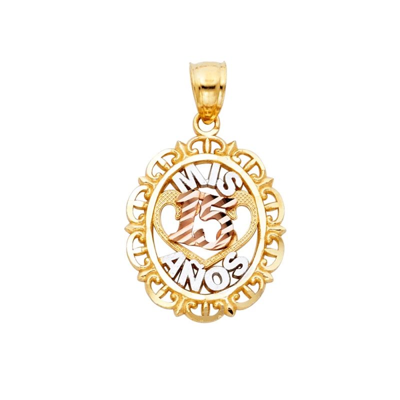 14K Gold Mis Anos 15 Years Quinceanera Cz Charm Pendant