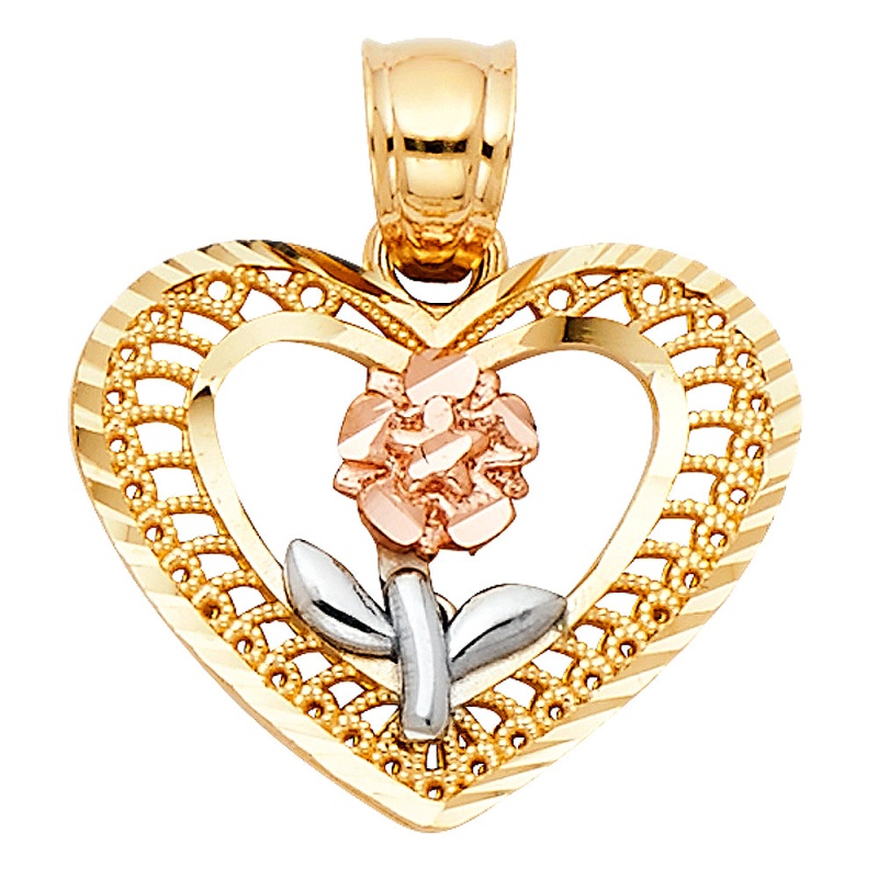 14K Gold Flower In Heart Charm Pendant