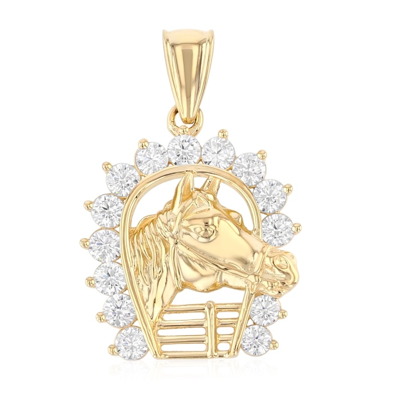 14K Gold Cz Lucky Horseshoe Charm Pendant