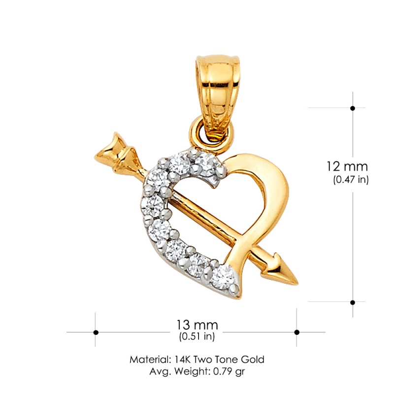 14K Gold Cz Heart With Cupid Arrow Charm Pendant