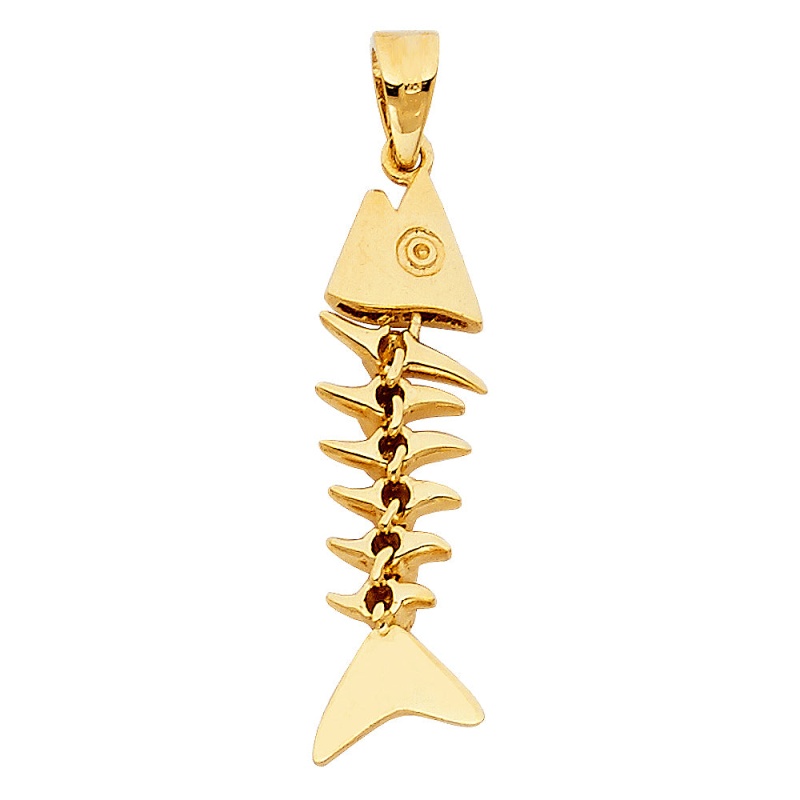14K Gold Motion Fish Bone Charm Pendant