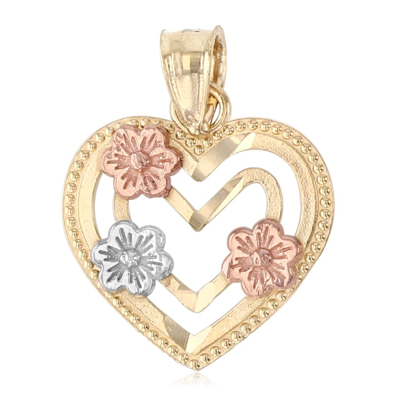 14K Gold Heart With Flower Charm Pendant