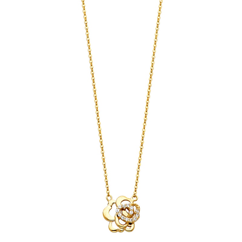 14K Gold Flower Charm Cz Pendant Chain Necklace - 17+1'