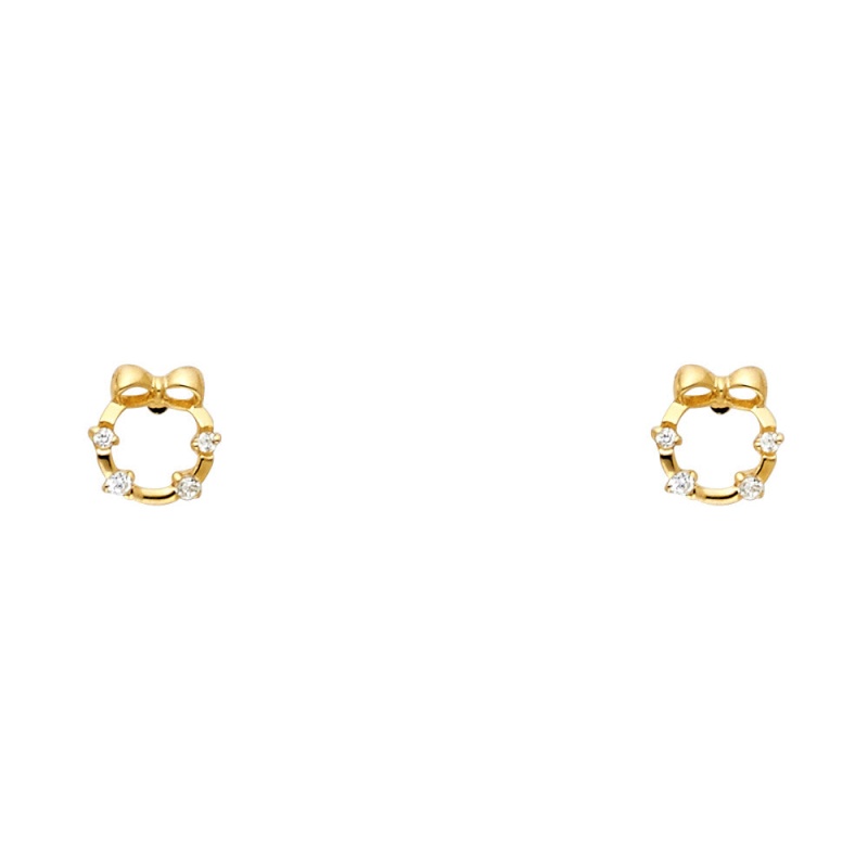 14K Gold Cz Cricle And Bow Stud Earrings