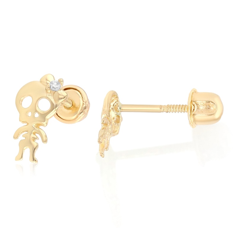 14K Gold Cz Gothic Punk Rock Skull Skeleton Stud Earrings