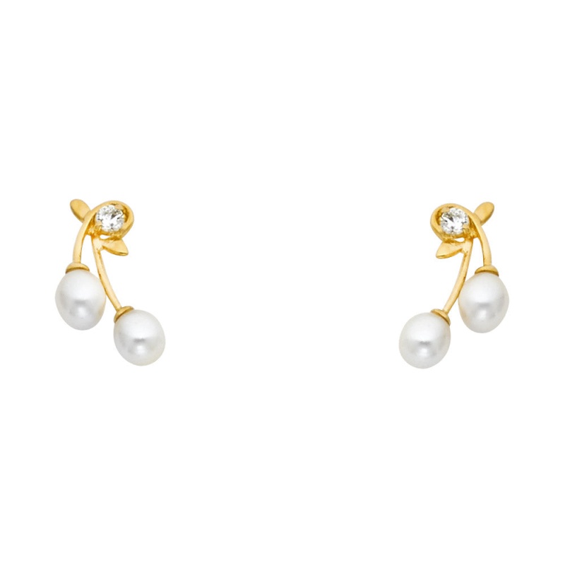 14K Gold Cz Cultured Pearl Stud Earrings