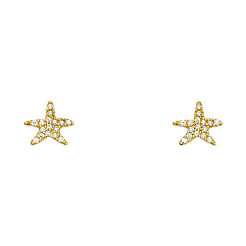 14K Gold Cz Sea Star Fish Stud Earrings