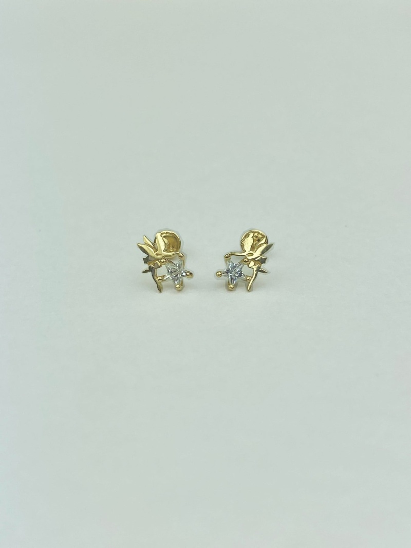 14K Gold Star Cut Cz Cute Tiny Tinker Bell Stud Earrings
