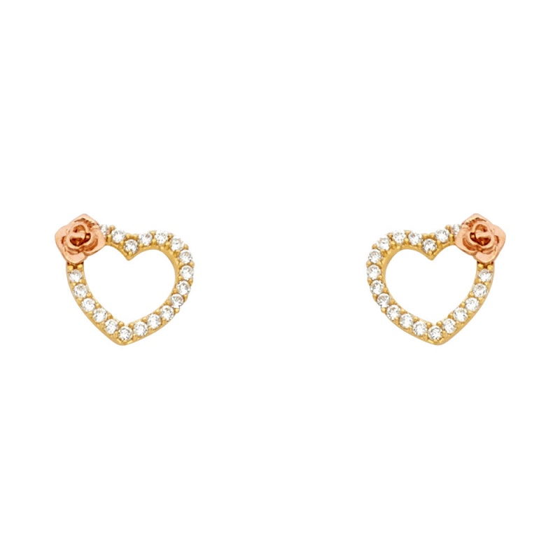 14K Gold Cz Heart With Flower Stud Earrings