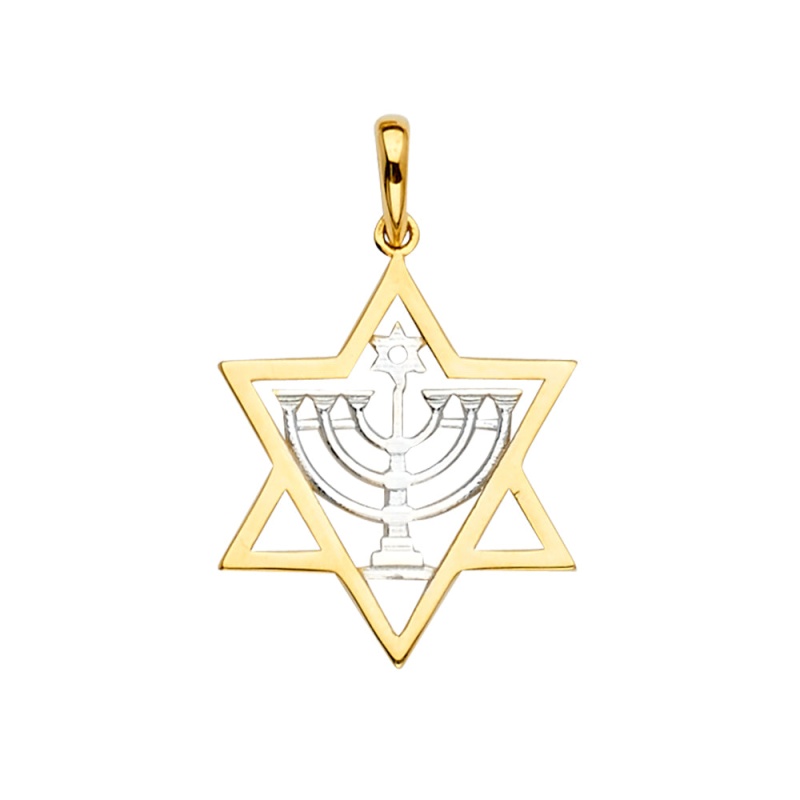 14K Gold Star Of David & Stone Menorah Charm Pendant