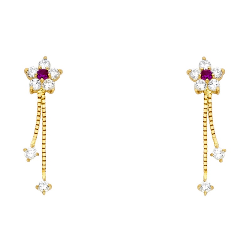 14K Gold Cz Flower Dangle Drop Stud Earrings