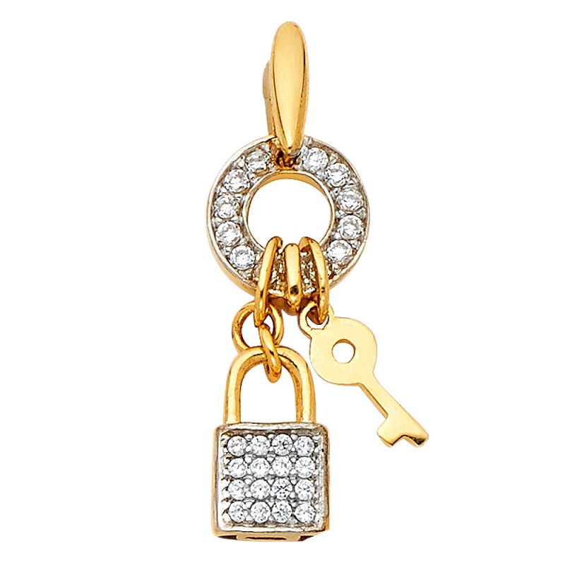 14K Gold Cz Key & Lock Charm Pendant