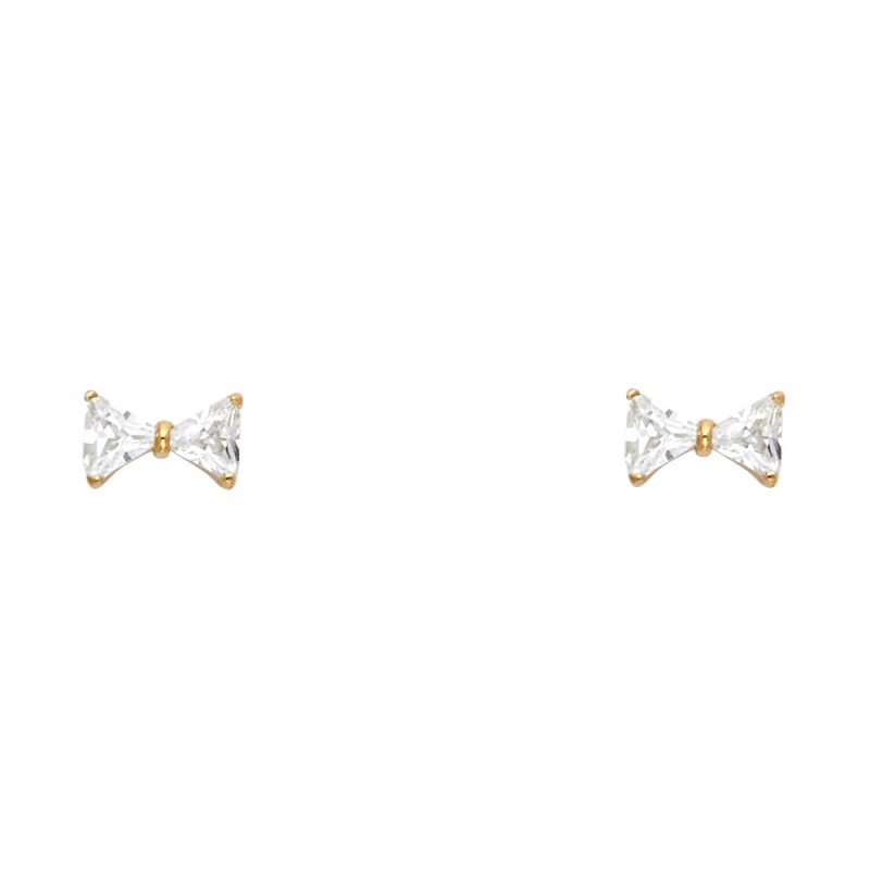 14K Gold Cz Ribbon Bow Stud Earrings