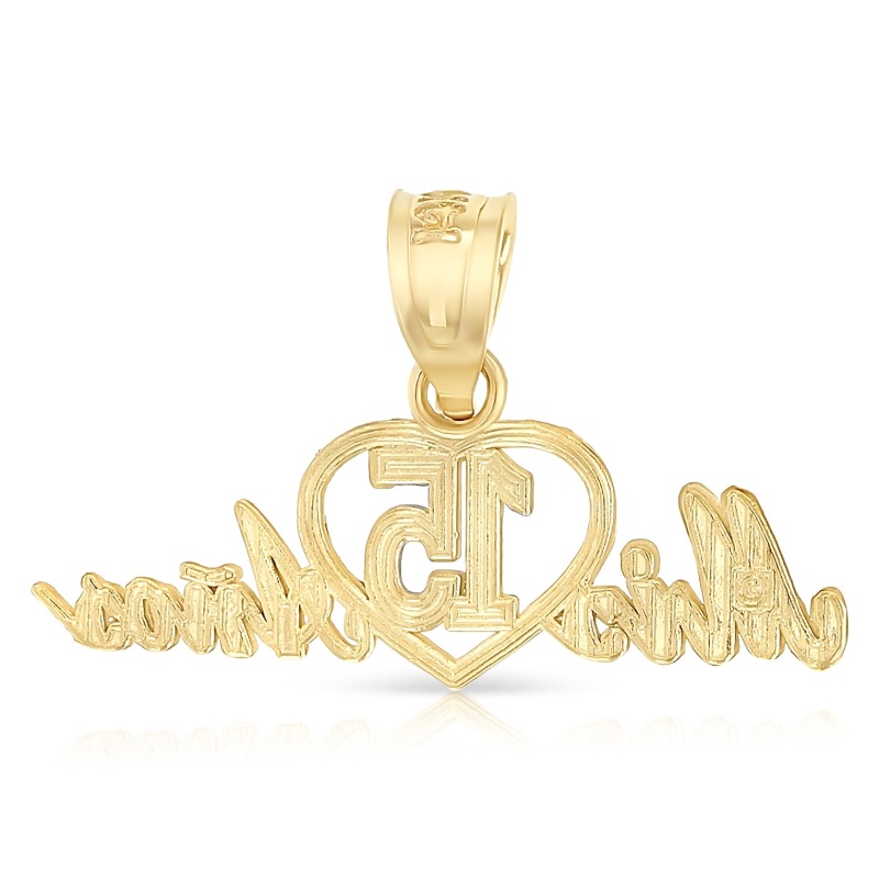 14K Gold 15 Years Birthday Quinceanera Heart Mis 15 Anos Charm Pendant